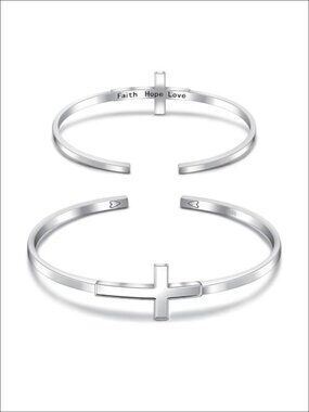 Sterling Silver Cross Bracelet Open Heart Adjustable Cuff Women's Jewelry